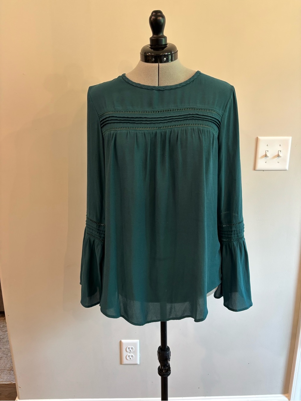 GNW Boho‎ Teal Long Bell Sleeves with Lace Trim Blouse 0278